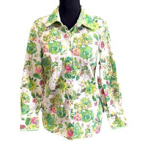 Charter Club Green Floral Button Down Shirt Size Medium